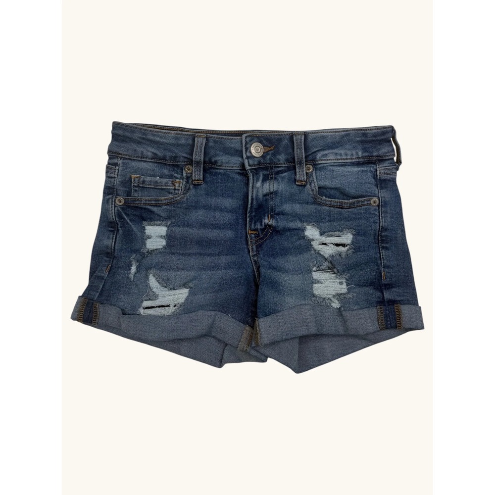 Aeropostale Low Rise Midi Denim Shorts Womens 0 Distressed Destroyed Cuffed Blue